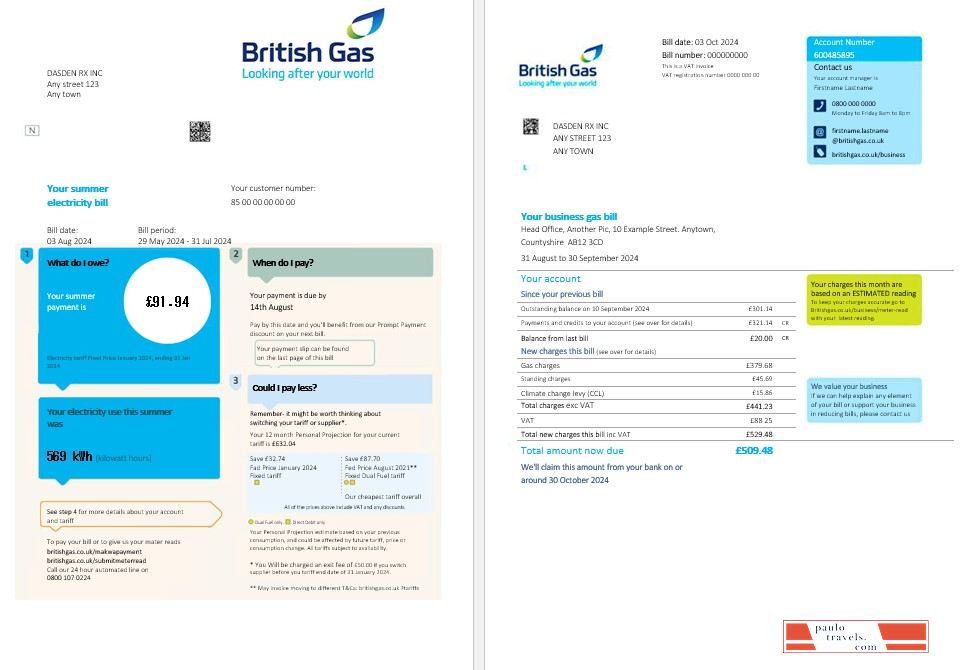 United Kingdom British Gas business utility bill PSD template
